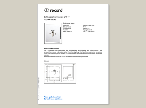 Datenblatt für Schlüsselschwenkkontakt UP1-1T