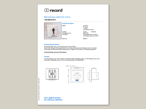 Datenblatt für BDS Schlüssel Jung STA 16 First