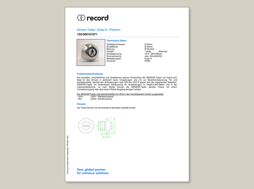 Datenblatt für Sensortaster Snap-In Person