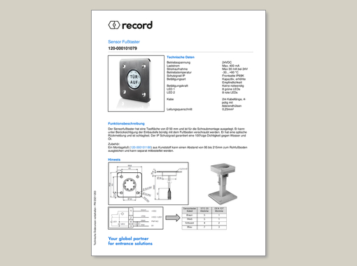Datenblatt für record Sensorfußtaster für Bodenmontage