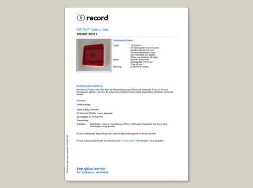 Datenblatt für Not-Auf-Taster unter Glas