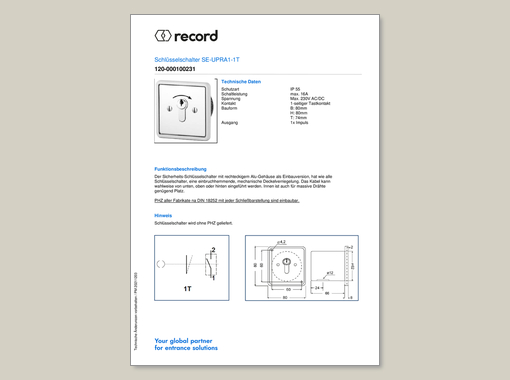 Datenblatt für Schlüsselschalter SE-UPRA1-1T