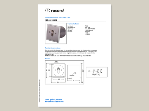 Datenblatt für Schlüsselschalter SE-UPRA1-1R