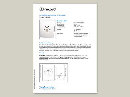 Datenblatt für Schlüsselschwenkkontakt UP