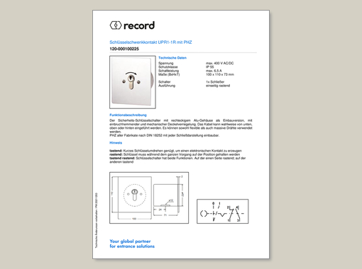 Datenblatt für Schlüsselschwenkkontakt UP